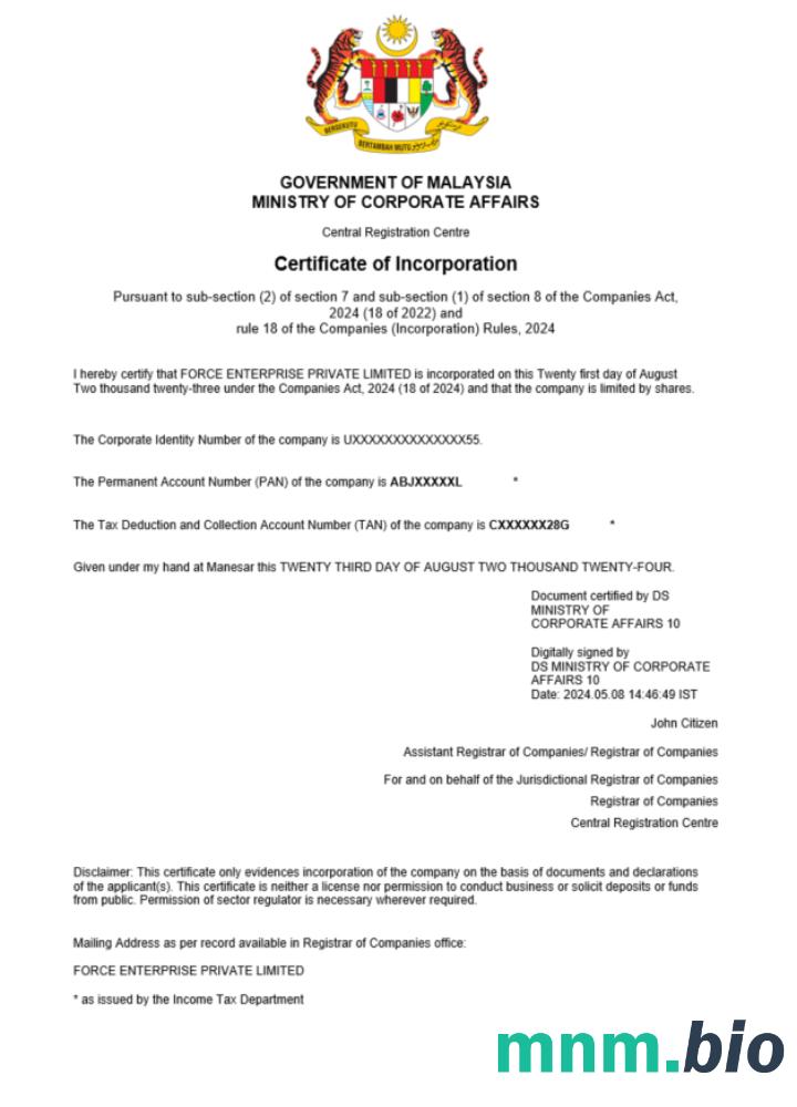 Malezja business registration vcertyfikat Word i szablon PDF